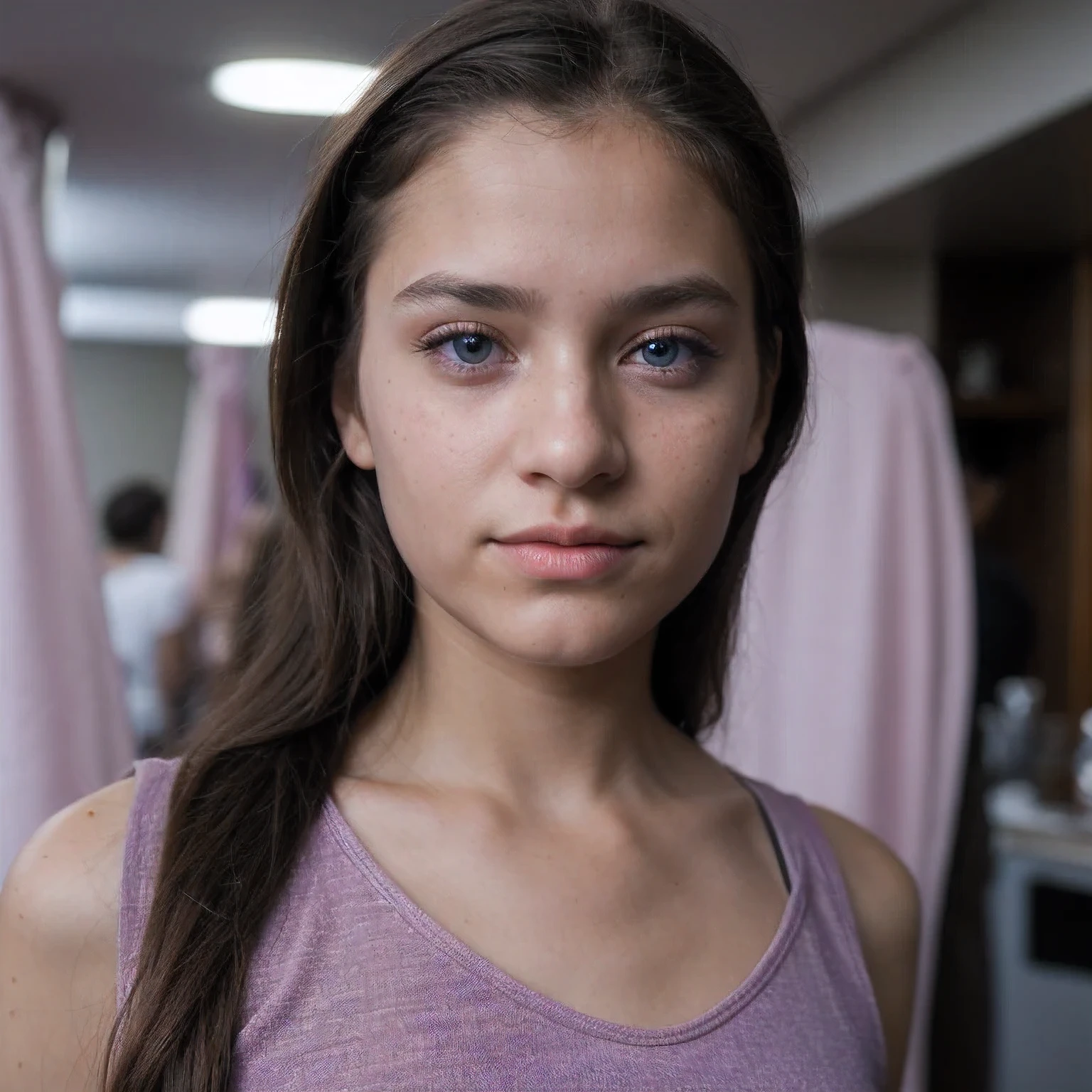 photo of a college student，9 years old, in Purple Pink, futuristic cotton and linen, (freckles:0.8) cute face, sci-fi, dystopian, detailed eyes, cobalt blue eyes（（High nose bridge））Disco bar