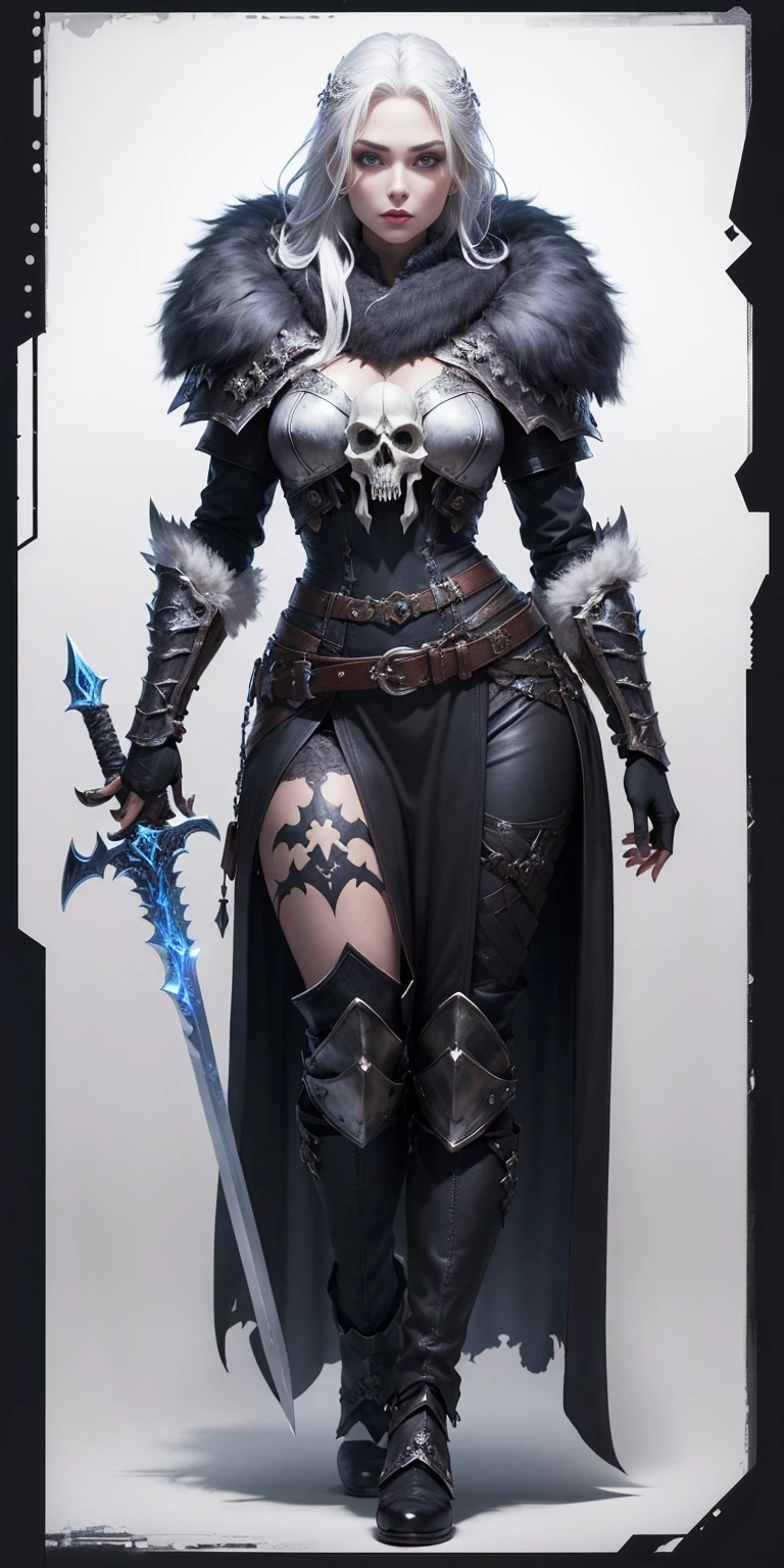 ((white background)) full body of a woman long hair, 1sologirl, plate armor, leather, skull armor, winter fur coat, dark theme, white hair, engrave metal armor, big belt with skull ornament, wowdk, frostmourne (sword) glowing eyes