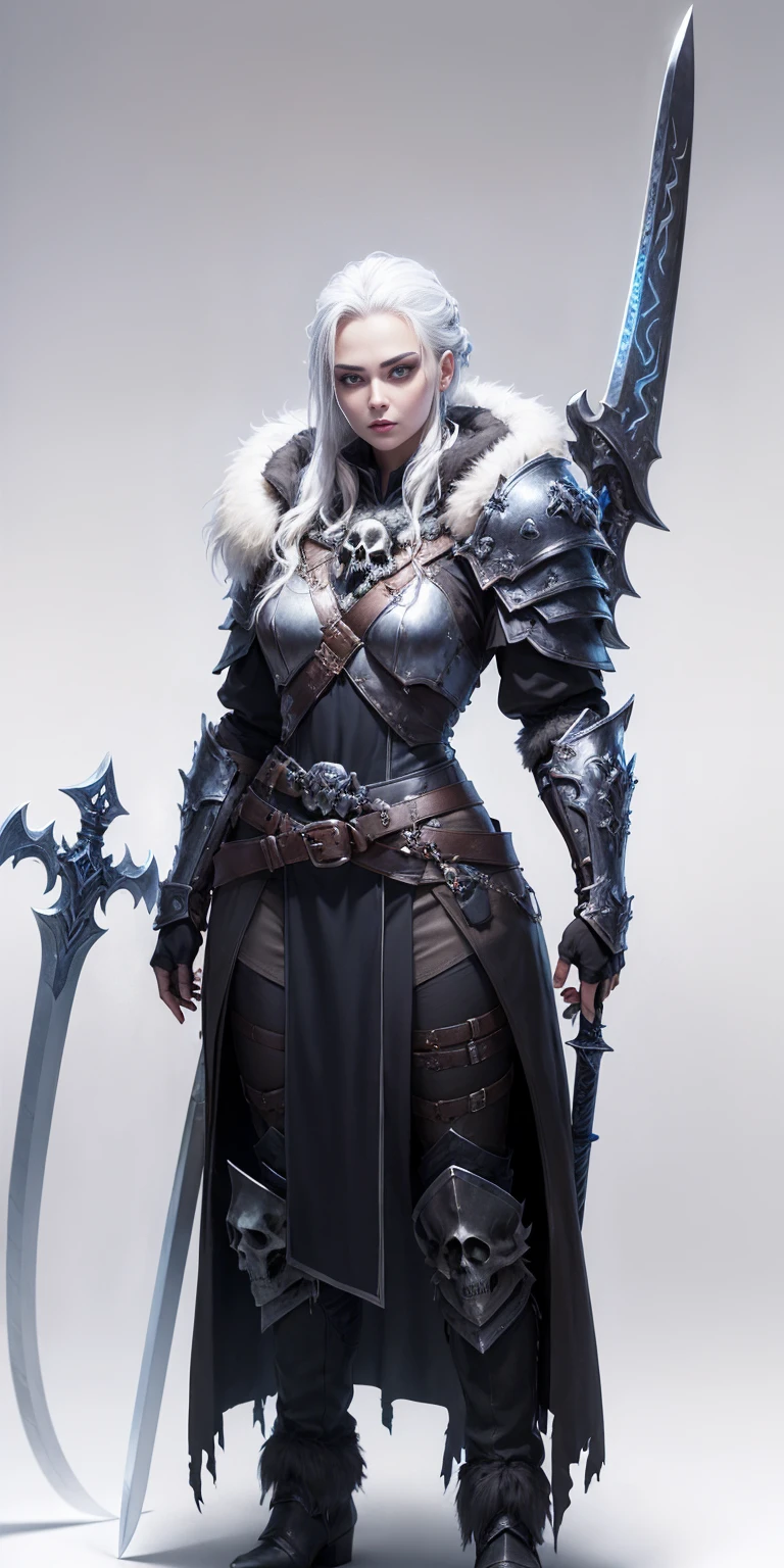 ((white background)) full body of a woman long hair, 1sologirl, plate armor, leather, skull armor, winter fur coat, dark theme, white hair, engrave metal armor, big belt with skull ornament, wowdk, frostmourne (sword) glowing eyes