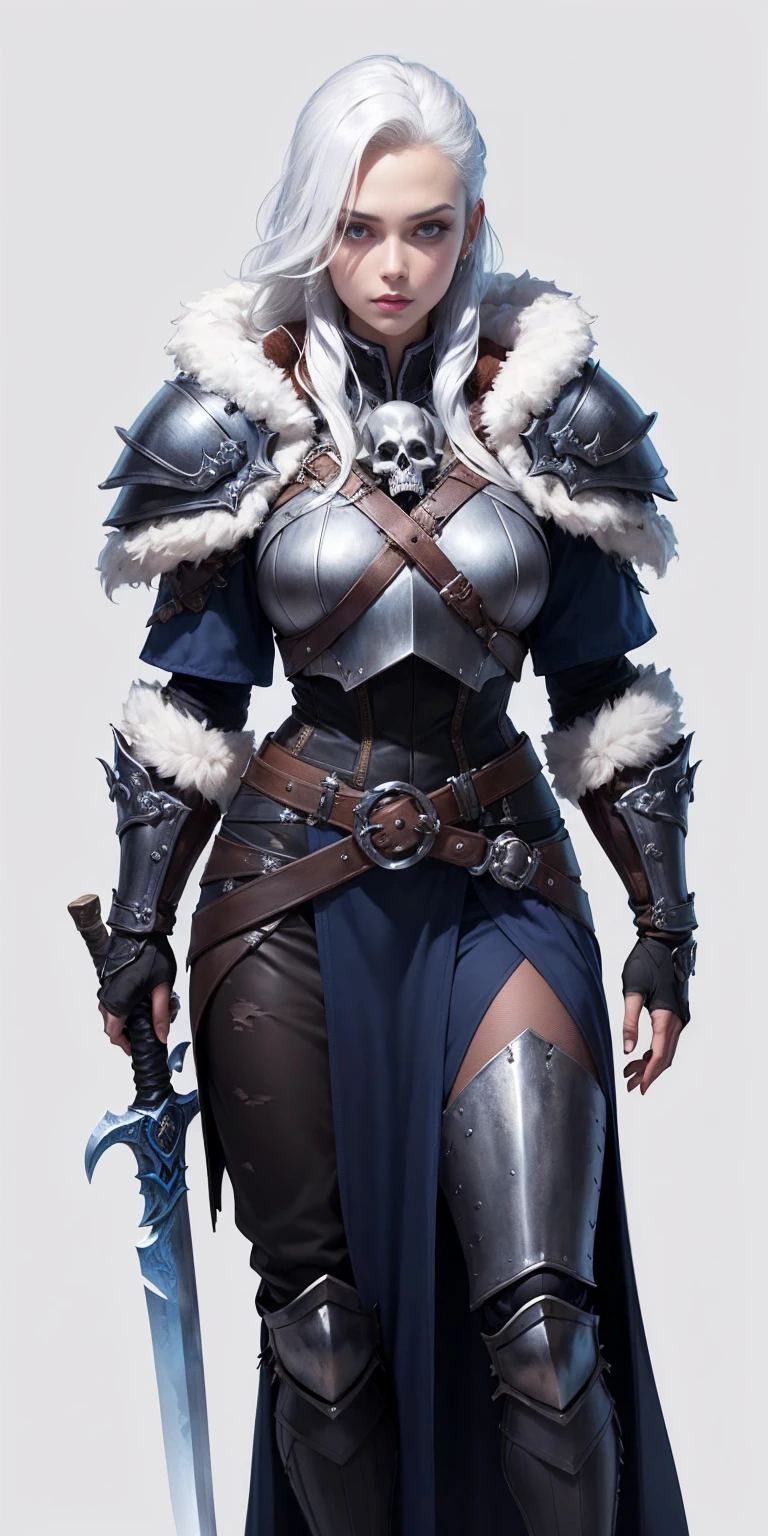 ((white background)) full body of a woman long hair, 1sologirl, plate armor, leather, skull armor, winter fur coat, dark theme, white hair, engrave metal armor, big belt with skull ornament, wowdk, frostmourne (sword) glowing eyes