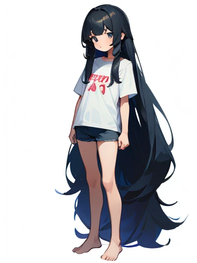 A 10-year old girl with long hair. Wearing a casual t-shirt shirt and shorts. Full body, plain white background , shy pose