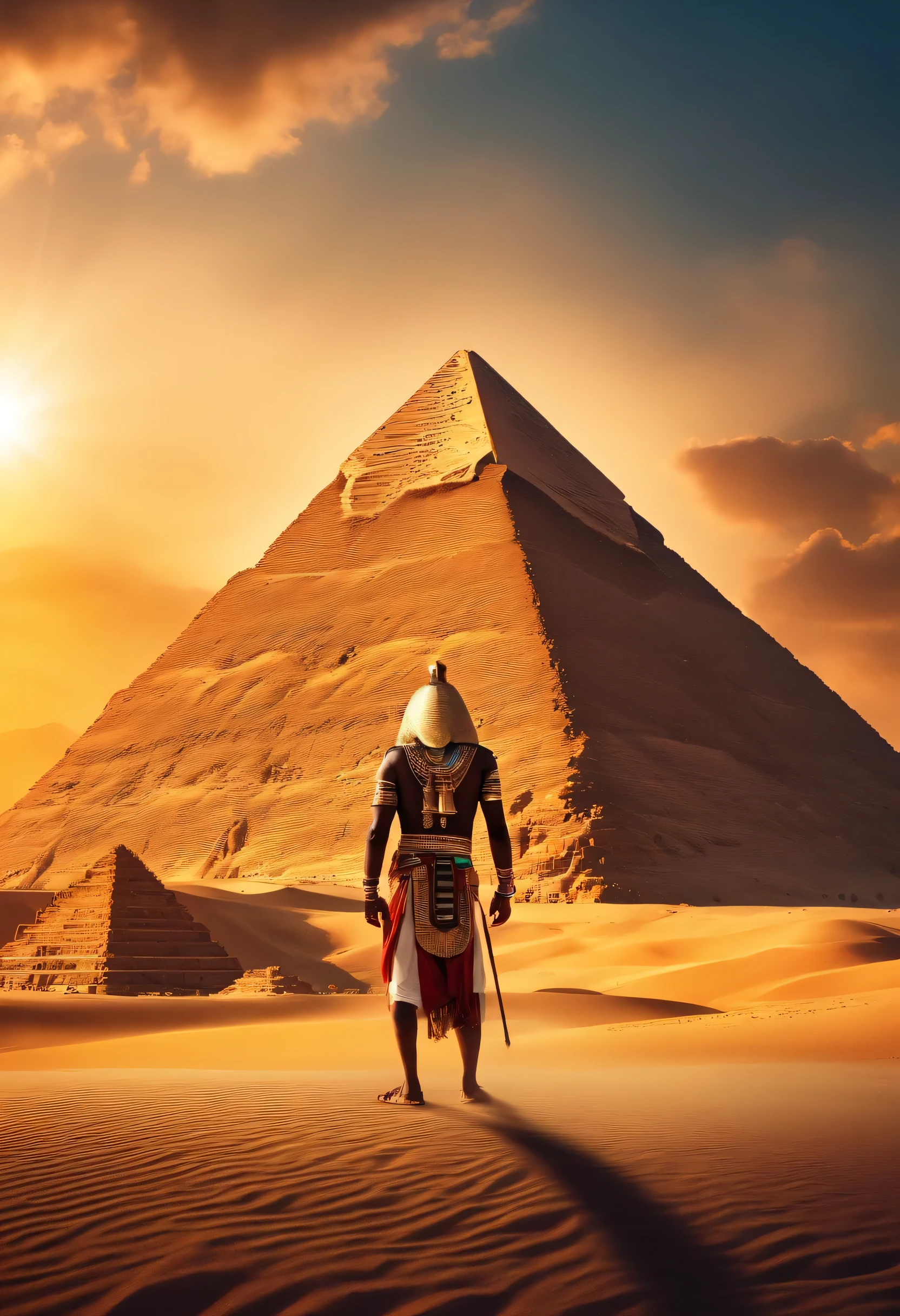 Pharaoh standing in front of the pyramids, Very bright colors, Light particles, With glowing light, Archive, Ultra hd wallpaper