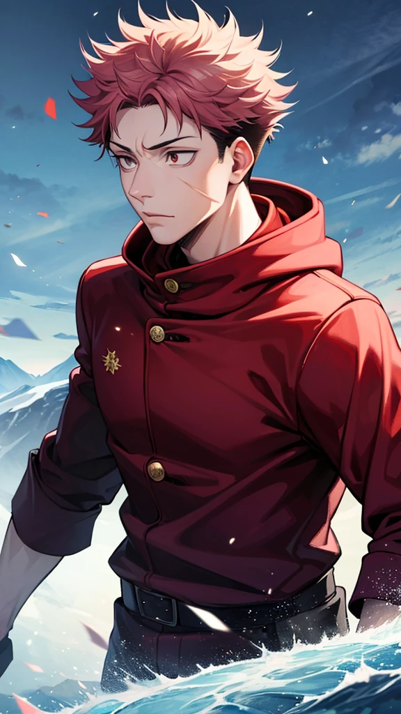 1 man, Itadori Yuji, Jujutsu Kaisen, using fire powers on hands,  medium scar in the middle of the forehead, muscules in body, Jujutsu uniform , Red hood, pink hair, short hair, brown eyes, normal eyes, anime style, cinematographic and vivid paisage, Montains ice


