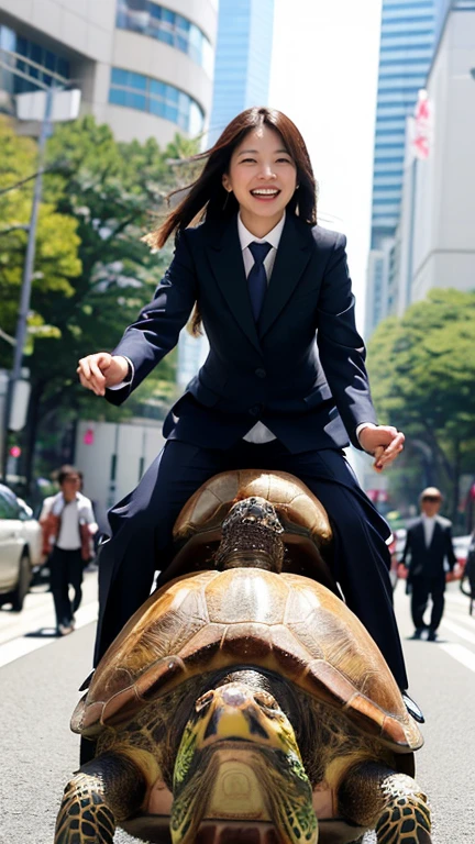 highest quality、masterpiece、ultra high resolution、(realistic:1.4)、Downtown Tokyo、woman、Are standing、(((Riding on a turtle)))、grin and laugh、beautiful woman、suit、skirt、handbag、high heels