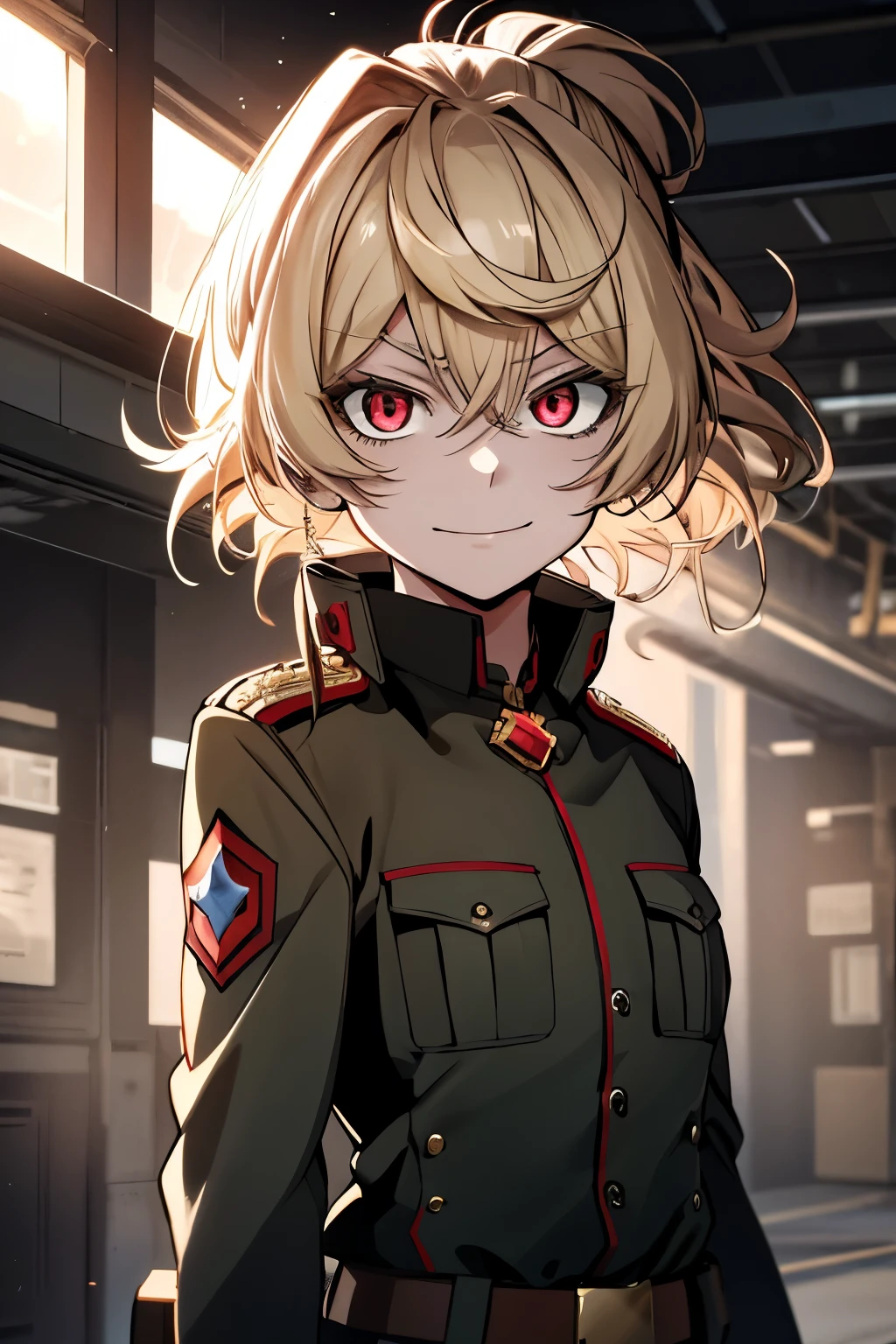(masterpiece, best quality: 1.1), 1girl solo, tanya, 1girl, solo, , flat chest, small breasts, curvy, military, military uniform, ,, evil smile, wicked expression, anger, red eyes, neutral lighting