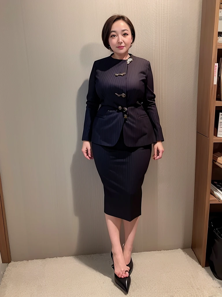 ((highest quality、8k、masterpiece:1.3))、Photorealistic, Sharp focus, High-level image quality, High resolution, Portraiture, alone, Japanese, Middle-aged women, Beauty, Embarrassed look, (business suit,　Tight Skirt:1.3),  43 years old, Plump, Bob Hair, (Wrinkles around the eyes:0.6), Office Changing Room, Many steel lockers, Dark Background,Detailed face, Beautiful Eyes, Small face, Round face, Double big eyes,Long, cat-like eyes, Long eyelashes, Big Nose, Large forehead,Huge bust,Huge hips,Thick thighs,Plump body,,Short,Height: 150cm