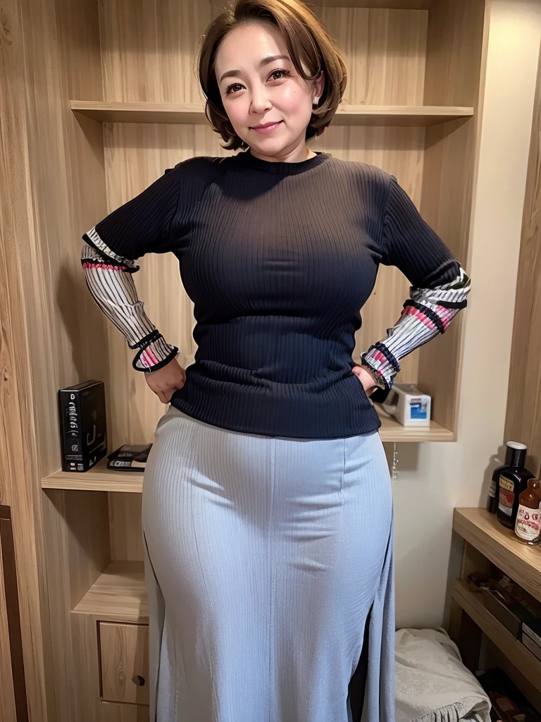 ((highest quality、8k、masterpiece:1.3))、Photorealistic, Sharp focus, High-level image quality, High resolution, Portraiture, alone, Japanese, Middle-aged women, Beauty, Embarrassed look, (business suit,　Tight Skirt:1.3),  43 years old, Plump, Bob Hair, (Wrinkles around the eyes:0.6), Office Changing Room, Many steel lockers, Dark Background,Detailed face, Beautiful Eyes, Small face, Round face, Double big eyes,Long, cat-like eyes, Long eyelashes, Big Nose, Large forehead,Huge bust,Huge hips,Thick thighs,Plump body,,Short,Height: 150cm