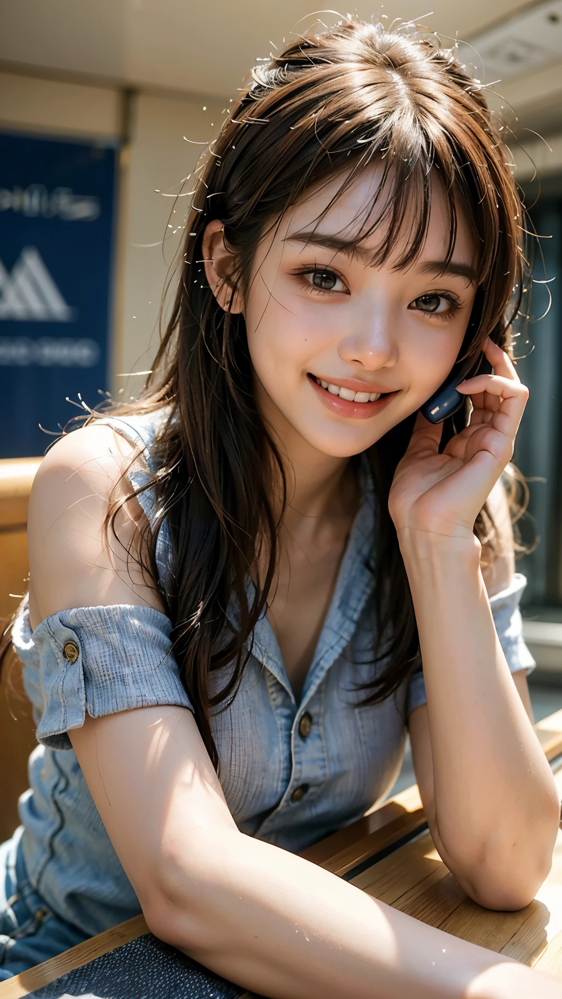 highest quality, masterpiece, Ultra-high resolution, (Realistic:1.4), (Close-up portrait) RAW Photos, 1 girl,20-year-old,((Inside the Shinkansen)),((Wireless Earphones)),((Staring at your smartphone screen)),,((Asian Fashion)),Messy Hair,((Dark chestnut hair)),((Bangs short)),Realistic,picture media chest)),((Smiling with teeth showing)),((Big smile))