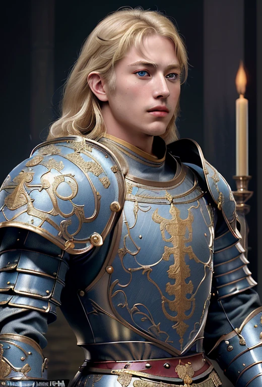 Blonde２０Male in his early twenties, Muscular body、Big eyes、Blue Eyes、Accurate ???????、Without helmet, Renaissance soldier, Portraiture, 天国 身元不明のルネサンス兵士の神秘的で幻想的なPortraiture, No helmet. Heavens are high, This image evokes a sense of curiosity and wonder.. Detailed Description: The soldiers are depicted wearing traditional Renaissance armour., Exquisitely designed plates, Showing off his muscular and toned physique. His armour is decorated with motifs and coats of arms, Showcasing a noble tradition. No helmetことで無防備感が増す, Allows the audience to connect with the subject on a deeper level, Despite the shortage