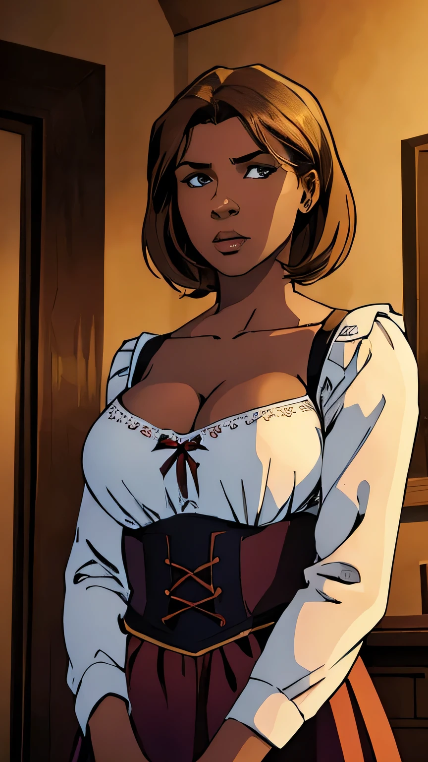 ((highest quality)), ((masterpiece)), (detailed), Perfect Face,pixie hair ,dark skin, large breasts, cleavage, dirndl, cowboy shot, indoors