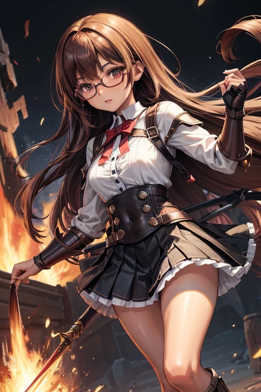 8K UHD, Digital SLR, Soft lighting, High quality, ((best quality)) ((best quality)), ((masterpiece)), (detailed), 4k image, anime style, fair caramel brown skin, beautiful age anime girl, black color A-line pleated skirt, black leather tights underneath, white shirt, form-fitting old leather battle armor worn over skirt and shirt, battle armor, fair caramel brown skin, symmetrical face, plump lips, blood red vermillion eyes, thin circular frame transparent nerdy glasses, African looks, small breasts, toned thin slender body, small narrow waist, short height, waist length pixie cut hair, sleek dark red hair, hips, phoenix eyes, small nose, European style , white color sheer hold up stockings, low-top boots, fair caramel brown skin