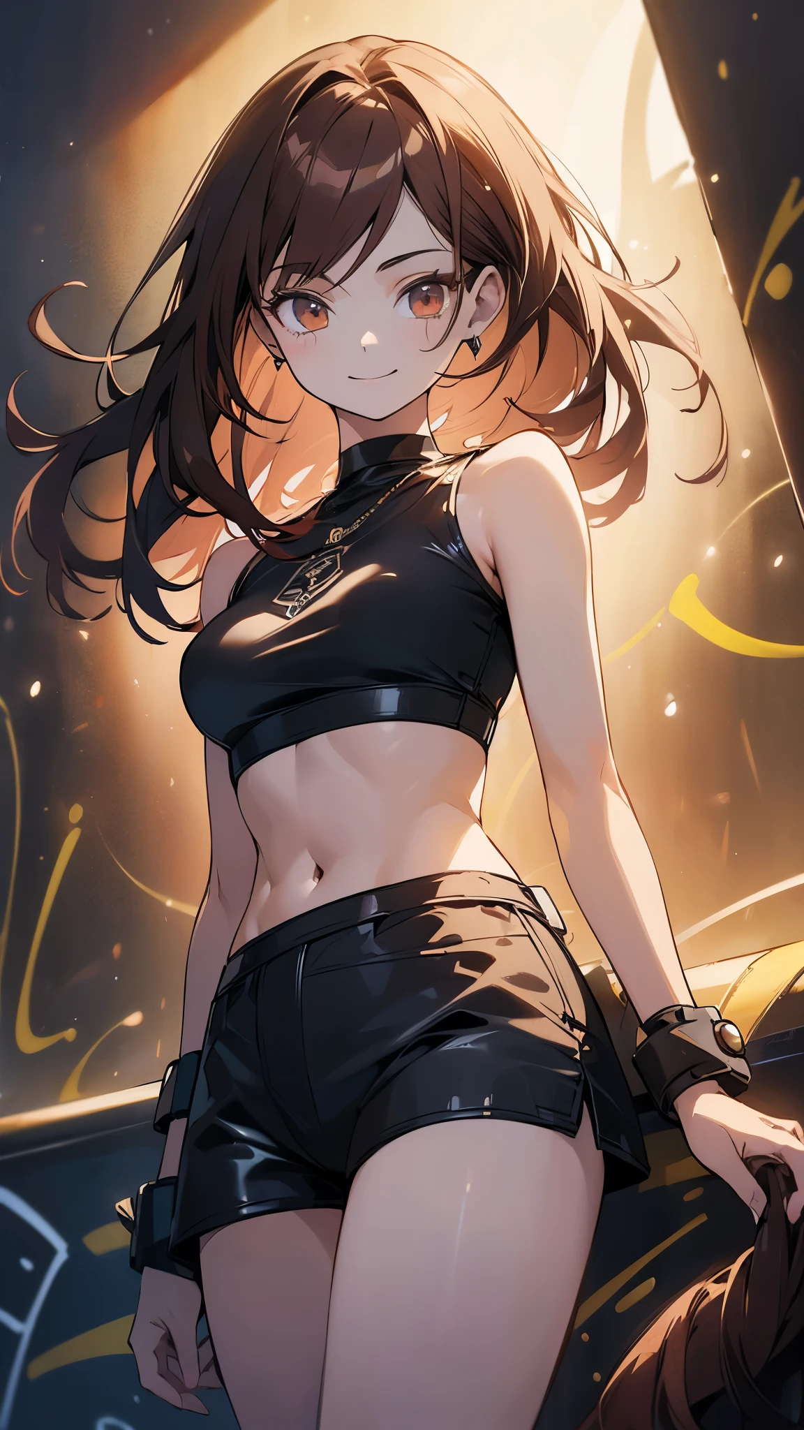(highest quality, 4k, High resolution, masterpiece:1.2), Super detailed, (anime style, photorealistic:1.37), cinematic light, Bright colors and mesmerizing effects, Soft and delicate lighting, gentle shine, Beautiful and gentle atmosphere throughout the scene, (1girl:1.5), joven, (Cara finamente detallada:1.4, Ropa detallada), (Detallado:1.4) named (Eimi Fukada:1.1) BREAK Cara hermosa, Profundidad de campo, Agregar capa, 27 years old, Modelo de cuerpo perfecto, senos perfectos, 175cm de altura, pose sexy, full body, cuerpo completo, Tipo de cuerpo del modelo, BREAK (tight crop top:1.5), (tight mini short:1.5), (Cabello largo:1.2), (brunette:1.1), dark brown hair, doble parpado, (reddish brown eyes:1.5) BREAK (graffiti wall:1.5), blush, smile, (cowboy shot:1.5), (eye level shot:1.5), eye level camera