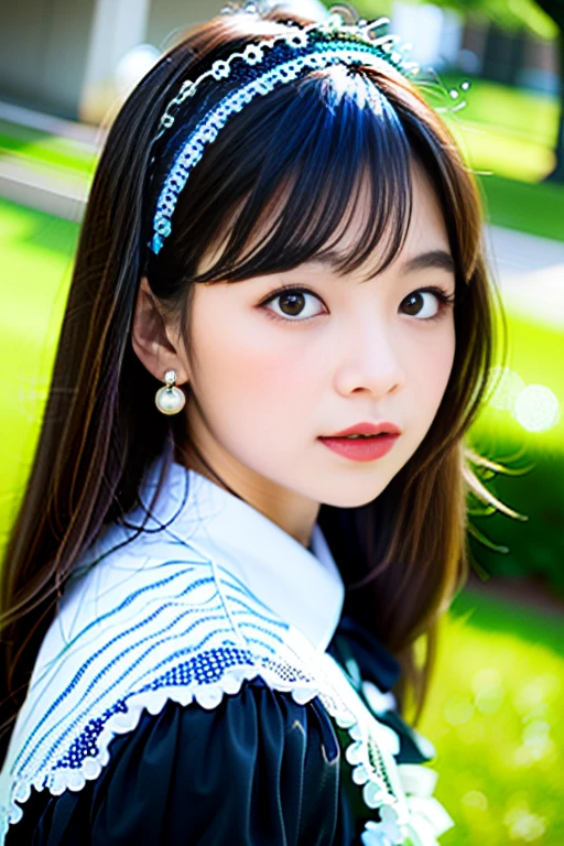(Highest quality details:1.2), Realistic, 8K Ultra HD, High resolution, Fujifilm(Medium format), Hasselblad, Carl Zeiss, Incredible dynamic range photography(utility_art:Smoose-768:1.1), (One Girl:1.2), Super detailed, High quality textures, Intricate details, detailed, Very detailed CG, High Quality Shadows, detailed Beautiful and delicate face, detailed Beautiful and delicate eyes, Depth of written boundary, Ray Tracing, 14 years old, Cute Japanese Girl, Narrow Face, Glossy lips, Glowing Eyes, Perfect body, View the viewer, (Jewelry Earrings), (Eye Color: Brown), (Bright red flower hair ornament), (Long white hair), (Layered Hairstyles), (Black Gothic Lolita:1.5), Fashion Model Style, Small breasts