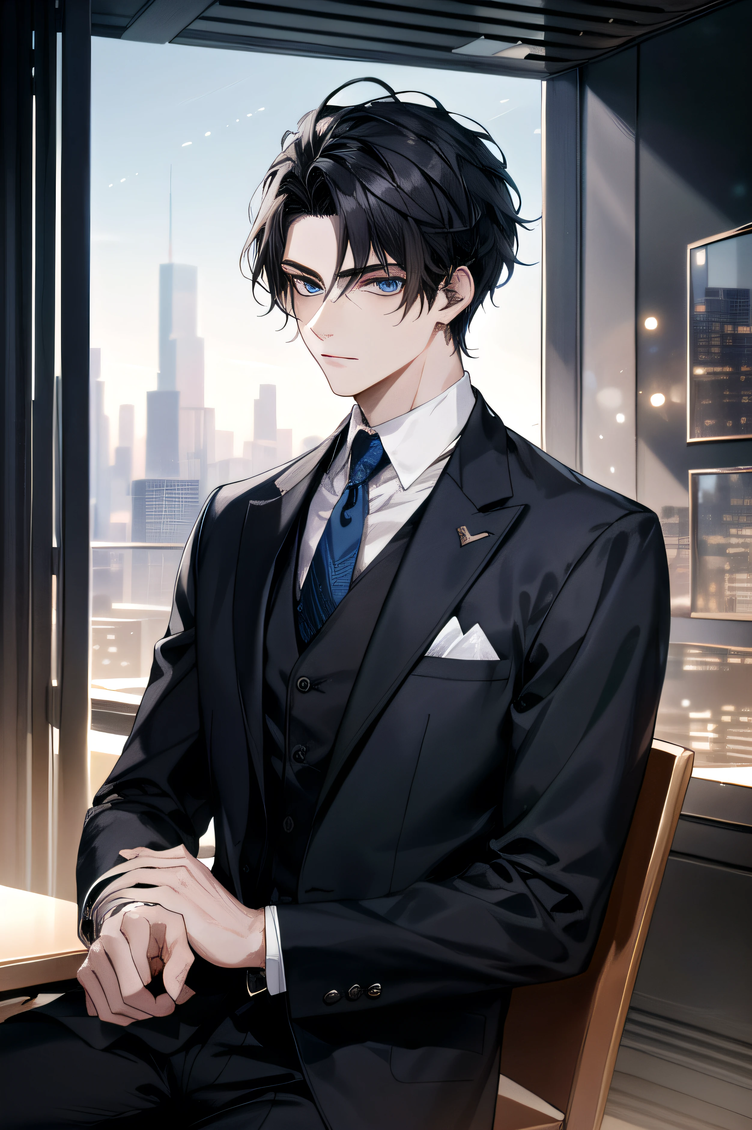 In the vibrant setting of a modern fantasy city, A 24-year-old presents himself with a presence that evokes a combination of youth and maturity. SuHis short black Quiff hair with Soft Fringe (bangs part on side 3:7 ratio) frames an experienced and thoughtful face, while his blue eyes reflect a depth of thought. Dressed in a black suit that flows elegantly, Adorned with white details that shine in harmony with the city light. Adorned with blue details that shine in harmony with the city light. En un plano medio, Your character looks toward the viewer with an expression that captures their determination and a touch of mystery...... en el fondo, The modern city comes alive with futuristic skyscrapers and age-defining technology. En este escenario de maravillas y retos por descubrir, He personifies the fusion of youth and wisdom in a world full of opportunities....detail eyes, detail face.