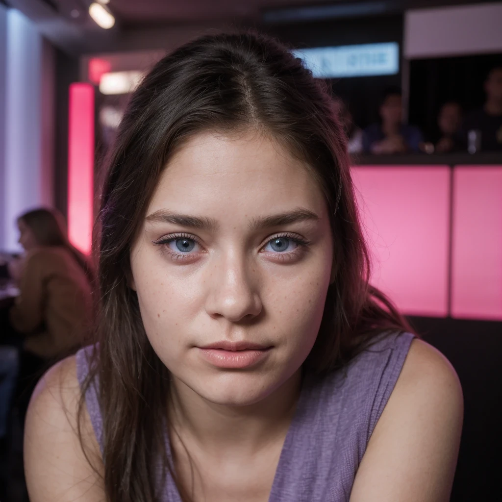 photo of a college student，9 years old, in Purple Pink, futuristic cotton and linen, (freckles:0.8) cute face, sci-fi, dystopian, detailed eyes, cobalt blue eyes（（Judging people through their noses））Disco bar