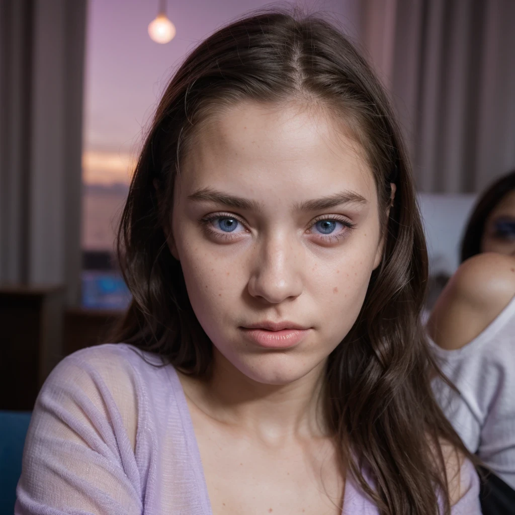 photo of a college student，9 *********, in Purple Pink, futuristic cotton and linen, (freckles:0.8) cute face, sci-fi, dystopian, detailed eyes, cobalt blue eyes（（Judging people through their noses））Disco bar