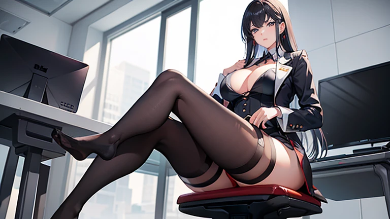 Ala Fed woman Sitting at a desk, Elegant legs, 細Long legs, Thighs and skirt, Long legs, Standing in class, Very beautiful slim legs, とても美しくて細くてLong legs, Sitting at a desk, Office Clothes, Beautiful legs, good waist and Long legs, Beautiful feet, Surreal , Cleavage, big, Round  in front, Spread your legs