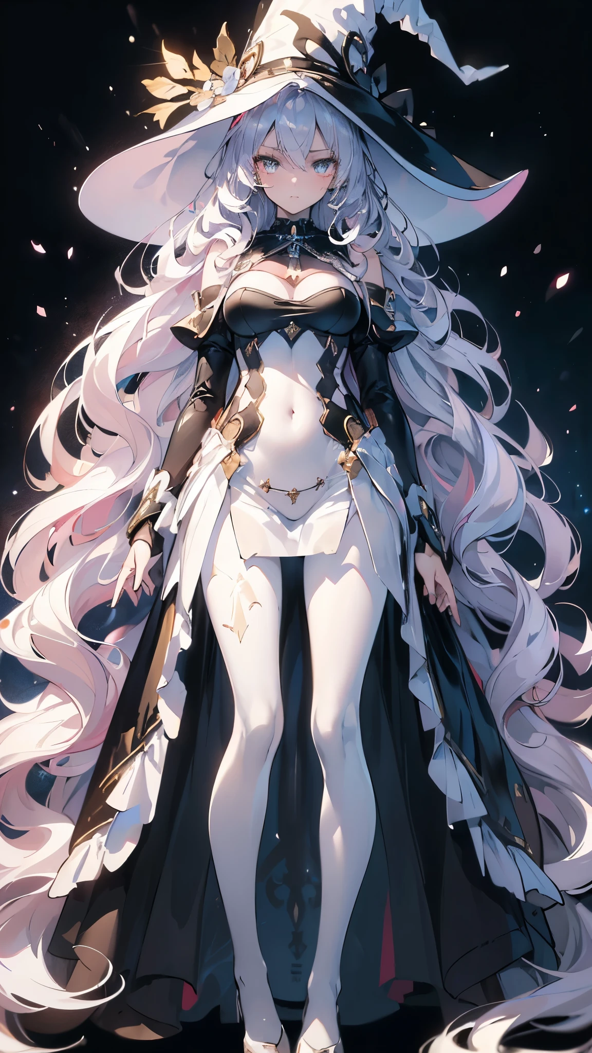 ((masterpiece, best quality)), Detailed face，Magician，Standing picture，whole body，Perfect body proportions，Long legs，((Long wavy hair)), ((Half of her hair is white，The other half is black，Divided into two colors))，beautiful eyes，Fantasy style，White background，extremely beautiful，Witch Hat，transparent，Sex bikini，chain，Lace，Pantyhose，exposed