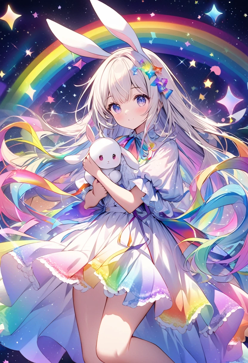 "Create an illustration of a mysterious character holding a white rabbit, She has light-colored hair with ribbons that look like rabbit ears... Letters glow, A rainbow-colored blouse that reflects a variety of colors. The background must be a celestial object, The starry sky transforms into a vibrant rainbow spectrum, Creates a mysterious and magical atmosphere."