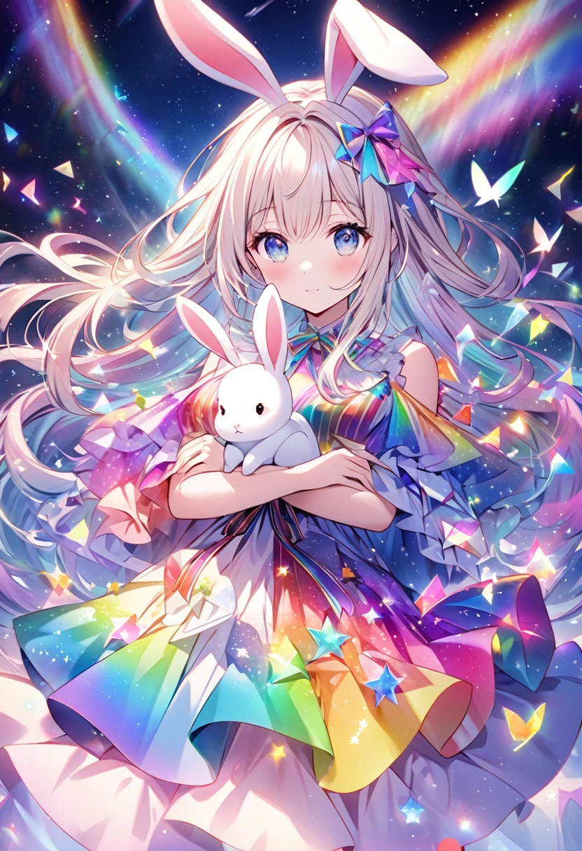 "Create an illustration of a mysterious character holding a white rabbit, She has light-colored hair with ribbons that look like rabbit ears... Letters glow, A rainbow-colored blouse that reflects a variety of colors. The background must be a celestial object, The starry sky transforms into a vibrant rainbow spectrum, Creates a mysterious and magical atmosphere."