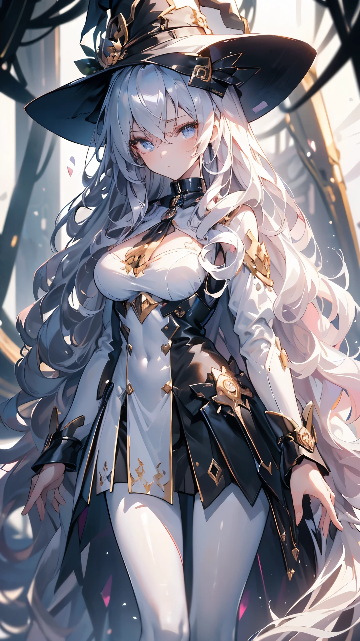 ((masterpiece, best quality)), Detailed face，Magician，Standing picture，whole body，Perfect body proportions，Long legs，((Long wavy hair)), ((Half of her hair is white，The other half is black，Divided into two colors))，beautiful eyes，Fantasy style，White background，extremely beautiful，Witch Hat，transparent，Sex bikini，chain，Lace，Pantyhose，exposed