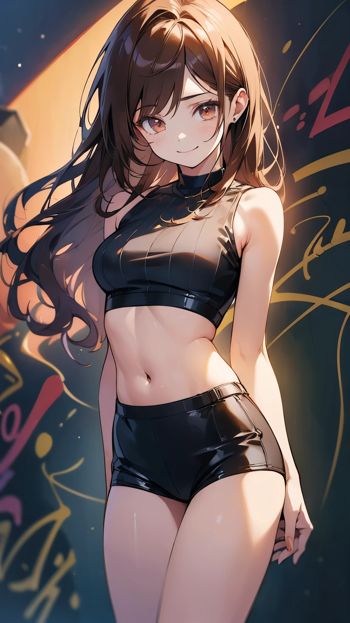 (highest quality, 4k, High resolution, masterpiece:1.2), Super detailed, (anime style, photorealistic:1.37), cinematic light, Bright colors and mesmerizing effects, Soft and delicate lighting, gentle shine, Beautiful and gentle atmosphere throughout the scene, (1girl:1.5), joven, (Cara finamente detallada:1.4, Ropa detallada), (Detallado:1.4) named (Eimi Fukada:1.1) BREAK Cara hermosa, Profundidad de campo, Agregar capa, 27 years old, Modelo de cuerpo perfecto, senos perfectos, 175cm de altura, pose sexy, full body, cuerpo completo, Tipo de cuerpo del modelo, BREAK (tight crop top:1.5), (tight mini short:1.5), (Cabello largo:1.2), (brunette:1.1), dark brown hair, doble parpado, (reddish brown eyes:1.5) BREAK (graffiti wall:1.5), blush, smile, (cowboy shot:1.5)