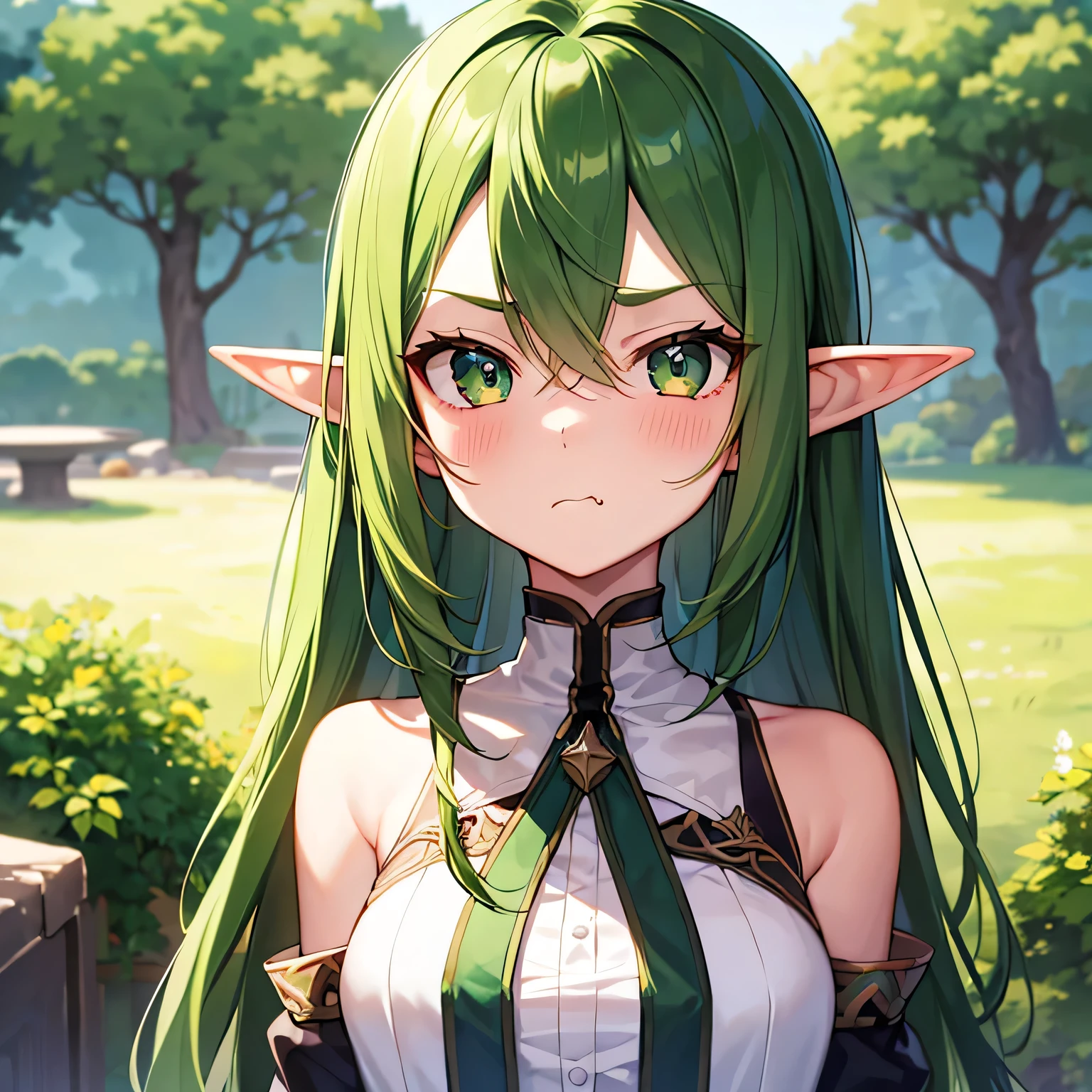 best quality, （masterpiece）, Solitary, 1 Girl,  us_Erindale,Green Eyes, Green Hair, 1 Girl,（ Upper Body），Solitary, Pointed ears, Elf,angry expression,Bulging mouth， Pout ，shy，blush，Stare at this person，