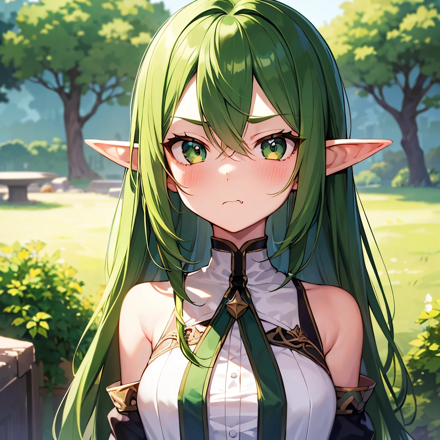 best quality, （masterpiece）, Solitary, 1 Girl,  us_Erindale,Green Eyes, Green Hair, 1 Girl,（ Upper Body），Solitary, Pointed ears, Elf,angry expression,Bulging mouth， Pout ，shy，blush，Stare at this person，