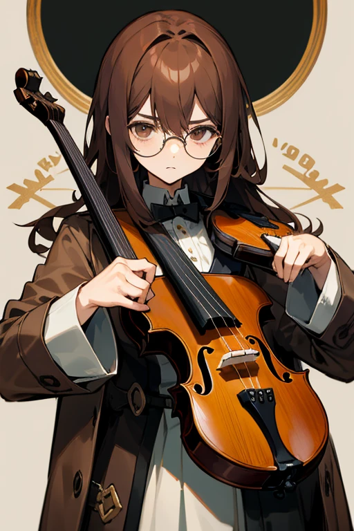 Brown Hair,Hair length is shoulder length,Brown coat,Round Glasses,Bangs parted in the middle,Seems mean,Seems like a bad personality,Playing the violin,20-year-old male