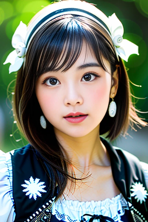 (Highest quality details:1.2), Realistic, 8K Ultra HD, High resolution, Fujifilm(Medium format), Hasselblad, Carl Zeiss, Incredible dynamic range photography(utility_art:Smoose-768:1.1), (One Girl:1.2), Super detailed, High quality textures, Intricate details, detailed, Very detailed CG, High Quality Shadows, detailed Beautiful and delicate face, detailed Beautiful and delicate eyes, Depth of written boundary, Ray Tracing, , Cute Japanese Girl, Narrow Face, Glossy lips, Glowing Eyes, Perfect body, View the viewer, (Jewelry Earrings), (Eye Color: Brown), (Bright red flower hair ornament), (Long white hair), (Layered Hairstyles), (Black Gothic Lolita:1.5), Fashion Model Style, Small breasts