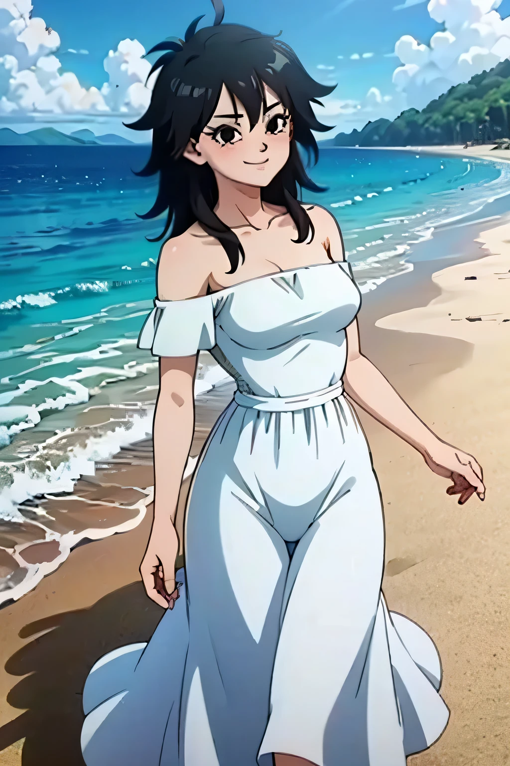 anime screencap, masterpiece, best quality, highres, outdoors, small ???????, gine, spiky black hair, 1 girl, Solo, Black Eyes, Good hands are down, Smile, Blushing, ???? Neck, ???? Shoulders, strapless, White Ruffle Off-the-Shoulder maxi dress. Cowboy shot. A landscape of the beach, sea, blue skies, sand beach. In the center. Walking on the beach Far from the bottom, looking at viewers
