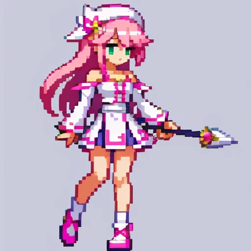 Pixel art, full body, facing left (important), pink and white, holding a spear, magical girl, beret, long hair, loose, off-the-shoulder. Hair color: soft, pale pink hair. Eye color: green eyes. Outfit: white and pink based outfit. She wears a white short-sleeved off-the-shoulder top with a pink collar and buttons that reveal her collarbone, and a mini slit skirt shaped like a downward-pointing lotus petal. Accessories: She has a pink flower ornament in her right hair. Weapon in hand: a long spear with pink and white decorations.