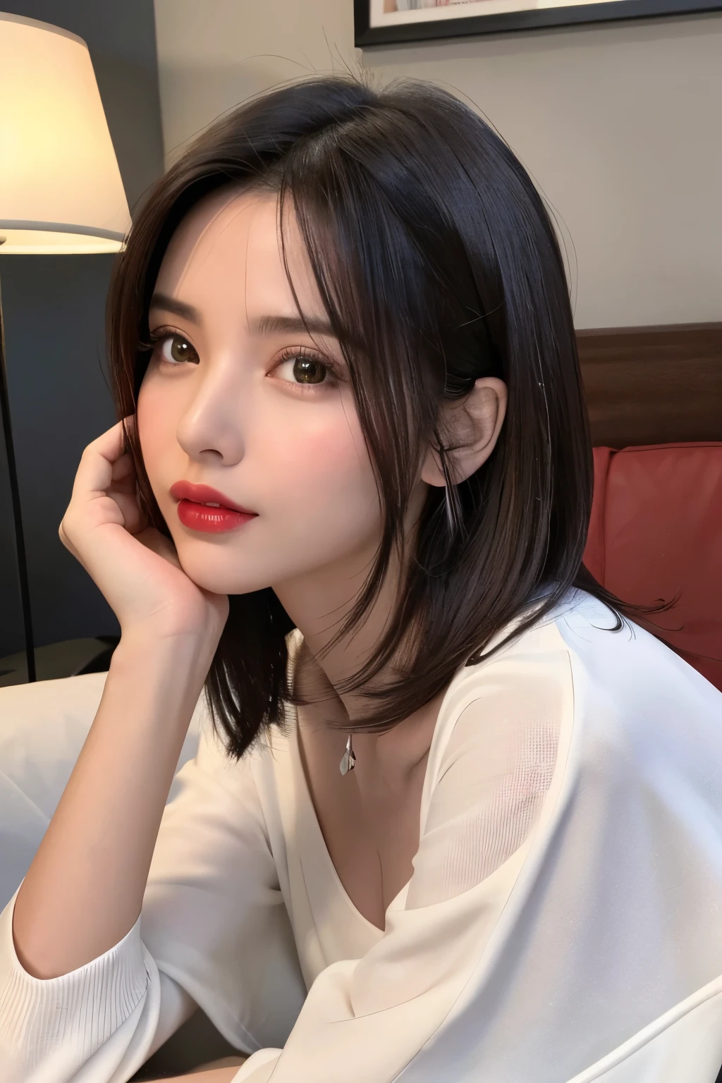 ((highest quality、8k、masterpiece:1.3))Ultra HD 1.3、SLR Quality、Cute Beauty 1.4、Transcendental Beauty 1.4、Real Skin 1.3、Marble background、Full body depiction 1.3、1 girl、Attractive beautiful woman:1.3、(Light brown short hair 1.3、Big Breasts:1.2)、Valley 1.4、Sexy look、Big eyes、Long sleeve black lace high neck shirt:1.1、Ultra detailed face、Ultra-detailed eyes、Ultra-detailed skin、Very fine needles、Ultra-detailed expression of even the fingertips on the face、Super detail beautiful legs、Very exquisite beautiful hair、Super fine fabric、Put your hand over your mouth、Korean Beauty、blackのレーススカート、Earrings、Beautiful long legs、High heels、Stand like a model、walk、Stretch your legs、Cute beautiful girl((Marian Rivera,senior woman)), 30 years old, ((Bust size: 90cm D cup:1.1))➕((,nipple is erection,Erect large nipples:1.3)), ((Tight transparent black silk lingerie with luxurious gold embroidery)),((blackい真珠のネックレス:1.3)),rich&gorgeous,a bewitching woman,a sexed woman,sensual excesses,a voluptuous woman,Cream Pie、最高shape態、Everest class、The pinnacle of womanhood、obscene,Nasty,Decadence and laziness ,Too Bold a Provocation,((MSpread your legs in a U-shape,black々A woman's petals surrounded by hairy crotch:1.2)),well-proportioned body, Because I'thin, Abdominal muscles, Tall body,Bokeh, Naughty face, Provocative Gaze,Hairy woman herself, Wet,Glamour, Natural Makeup, Pink Lips, Brown Weavey Longhair,smile, (highest quality, 8K, Tabletop, nffsw: 1.3), Nikon Z 85mm, ((highest quality)) ((A luxurious interior space with a baroque feel)), Intricate details, Sharp focus, Professional, Realistic, Real Life, 超Realistic, Photorealism, , (Tabletop, highest quality, Very detailed), (shape), (Beautiful eyes and eyebrows with realistic detail), ((Beautiful, highly detailed, photo-quality faces)), Luxury Bedroom,((highest quality)), Black silk lingerie with legs spread, Sweaty crotch, Wet crotch .(((blackのHigh heelsとゴージャスなレース装飾のストッキングを履いた美しい脚、High heelsは必須:1.4)))((Elbow-length black satin gloves))A luxurious interior space with a baroque feel,