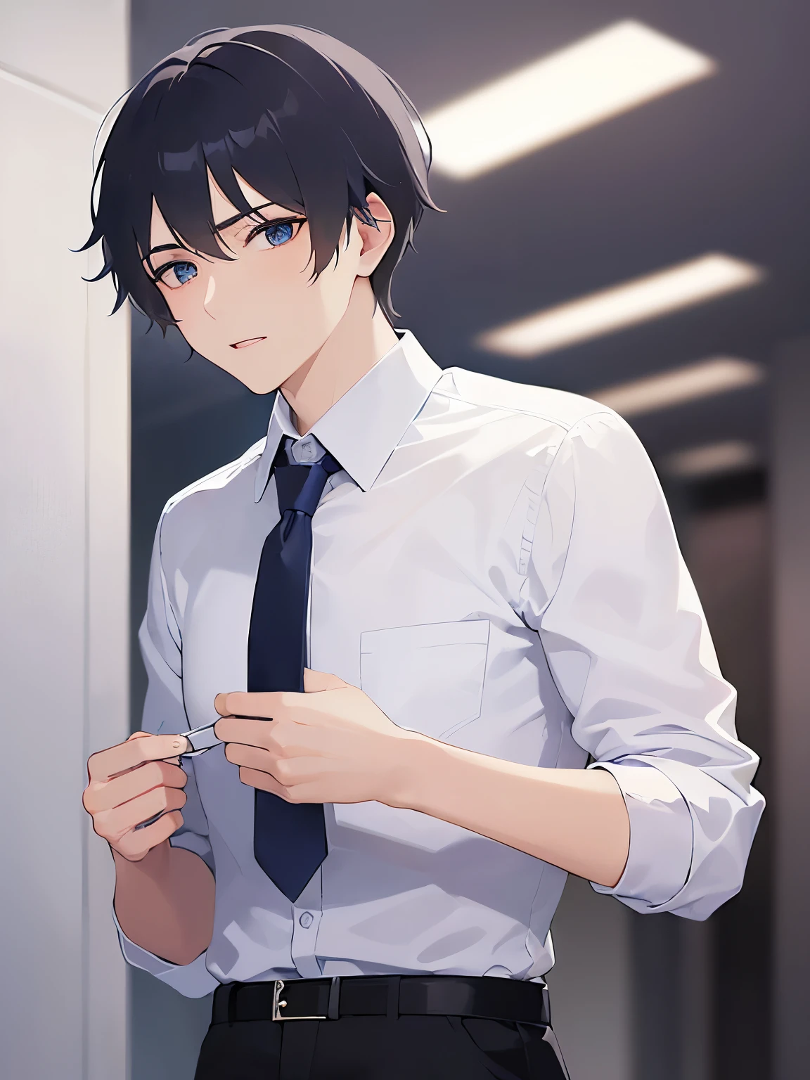 masterpiece, highest quality, (28-year-old male: 1.5) and (Black short hair) and (blue eyes) , (White collared shirt:1.5)and（Blue tie：1.1）, standing, The background is an office corridor.、Alone、Anxious expression、Apologizing、（Bow your head：1.3）,panicking