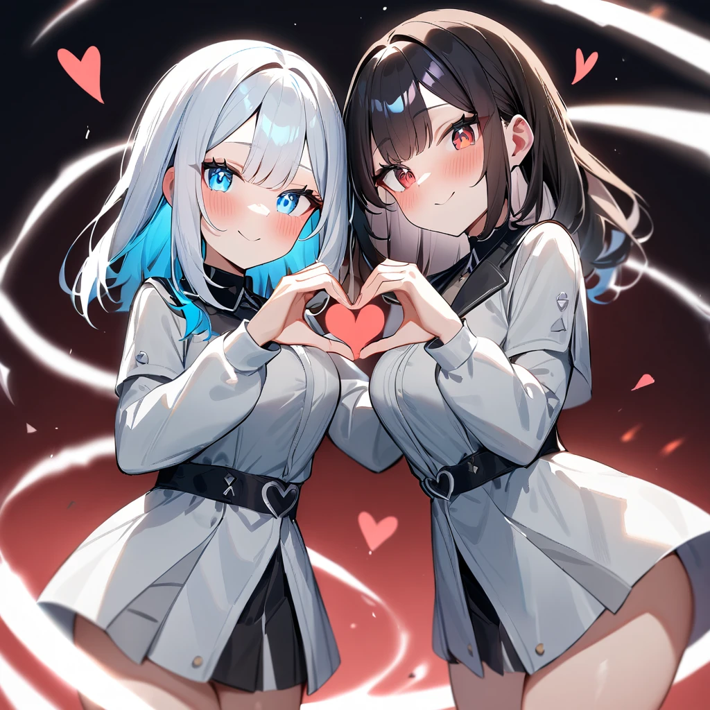{{2girls}},masterpiece,best quality,very aesthetic,absurdres,cowboy shot,lightcolor,darkcolor,heart_hands_duo,light hair,dark hair,White hair,light blue hair,light blue eyes,
