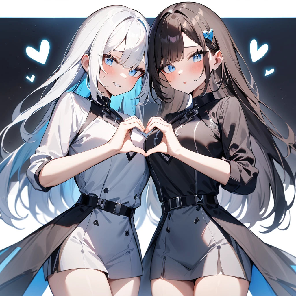 {{2girls}},masterpiece,best quality,very aesthetic,absurdres,cowboy shot,lightcolor,darkcolor,heart_hands_duo,light hair,dark hair,White hair,light blue hair,light blue eyes,