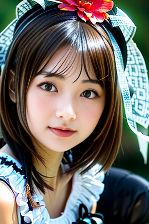 (Highest quality details:1.2), Realistic, 8K Ultra HD, High resolution, Fujifilm(Medium format), Hasselblad, Carl Zeiss, Incredible dynamic range photography(utility_art:Smoose-768:1.1), (One Girl:1.2), Super detailed, High quality textures, Intricate details, detailed, Very detailed CG, High Quality Shadows, detailed Beautiful and delicate face, detailed Beautiful and delicate eyes, Depth of written boundary, Ray Tracing, , Cute Japanese Girl, Narrow Face, Glossy lips, Glowing Eyes, Perfect body, View the viewer, (Jewelry Earrings), (Eye Color: Brown), (Bright red flower hair ornament), (Long white hair), (Layered Hairstyles), (Black Gothic Lolita:1.5),hion Model Style, Small breasts