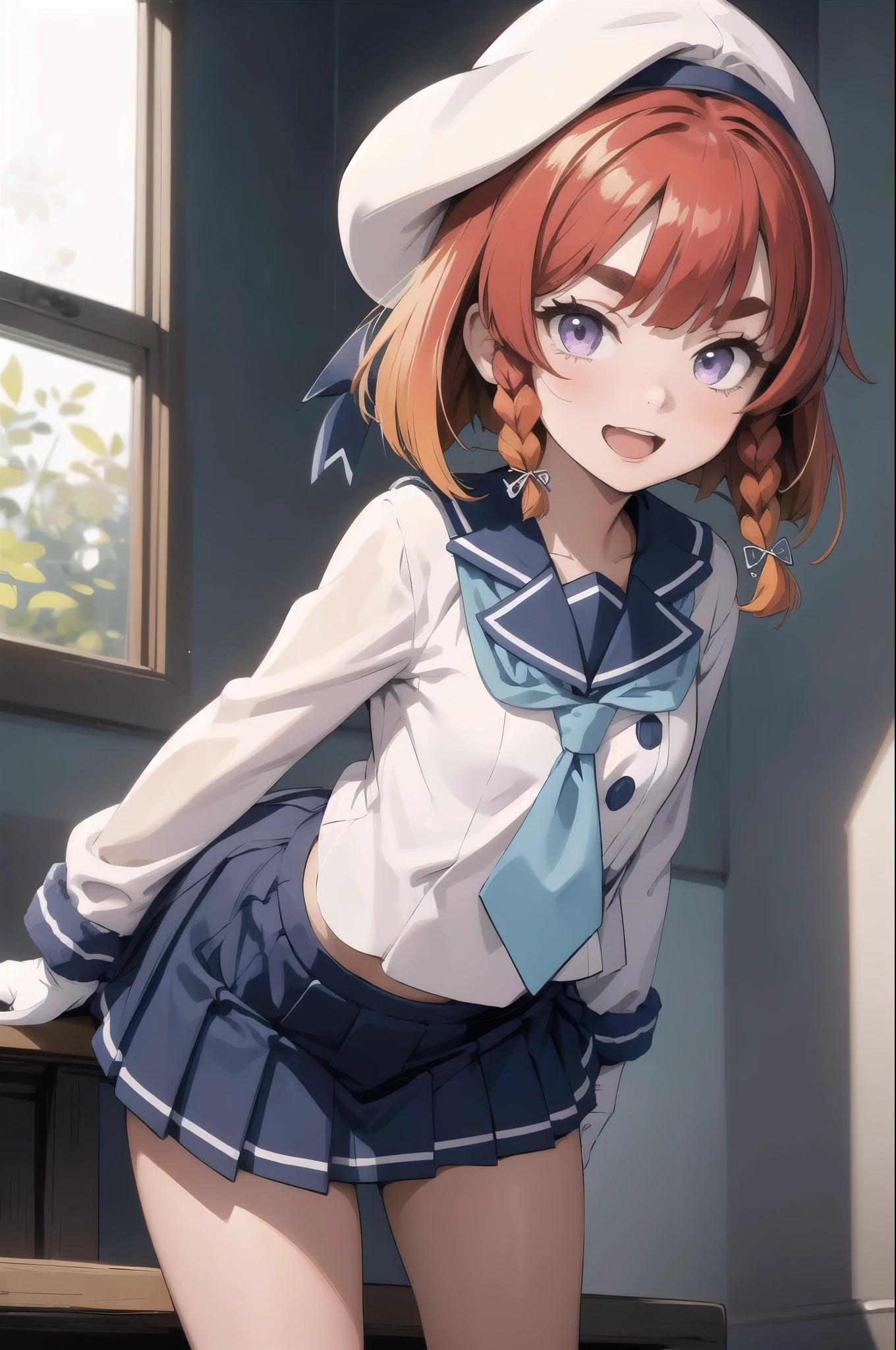 masterpiece, highest quality,
One girl, alone,
Bent over, close, smile, Open your mouth,
Etorofu \(Kantai Collection\), short hair, Redhead, Bobcut, Twin Blade, Thick eyebrows, Purple eyes, Side braid, Twin Blade, , flat_chest,
, serafuku, White Hat, Blue neckerchief, Blue Ribbon, Hair Ribbon,  White gloves,