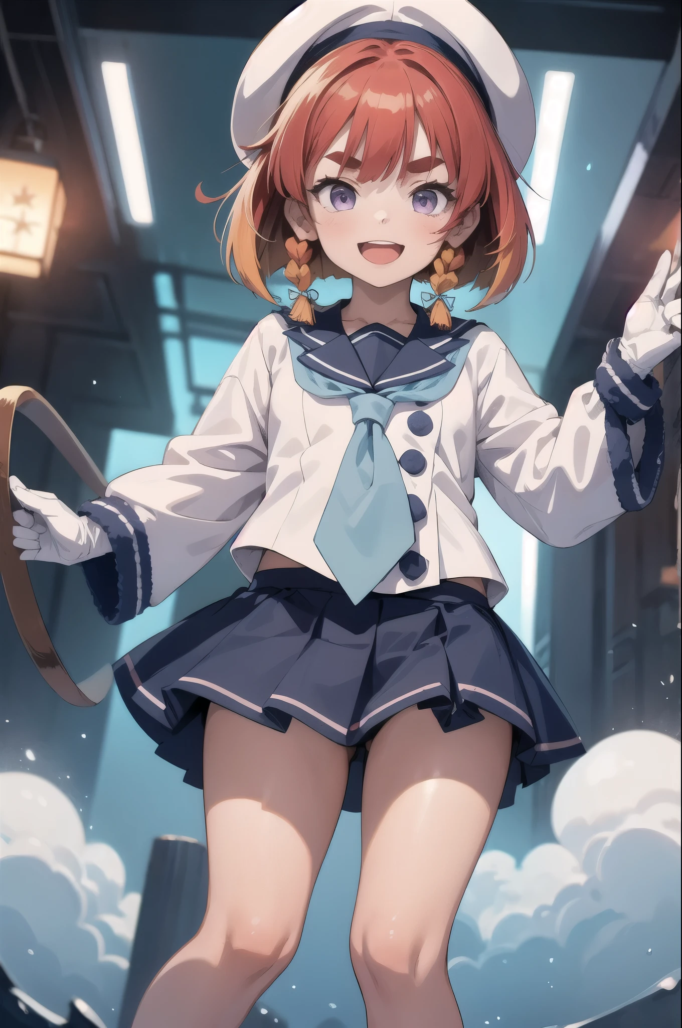 masterpiece, highest quality,
One girl, alone,
Bent over, close, smile, Open your mouth,
Etorofu \(Kantai Collection\), short hair, Redhead, Bobcut, Twin Blade, Thick eyebrows, Purple eyes, Side braid, Twin Blade, , flat_chest,
, serafuku, White Hat, Blue neckerchief, Blue Ribbon, Hair Ribbon,  White gloves,