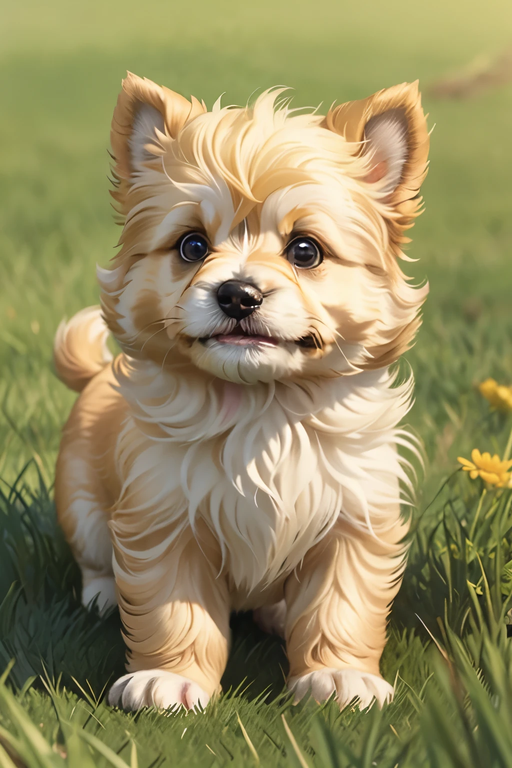 The small fluffy adorable puppy with its tiny paws and wagging tail frolicked gleefully in the grass its fur glistening in the sunlight like a radiant golden halo