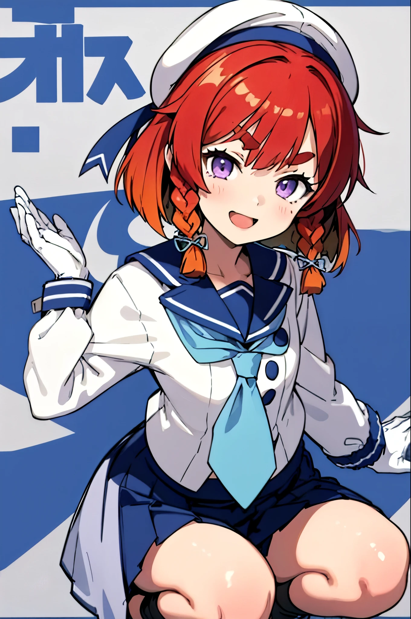 masterpiece, highest quality,
One girl, alone,
Bent over, close, smile, Open your mouth,
Etorofu \(Kantai Collection\), short hair, Redhead, Bobcut, Twin Blade, Thick eyebrows, Purple eyes, Side braid, Twin Blade, , flat_chest,
, serafuku, White Hat, Blue neckerchief, Blue Ribbon, Hair Ribbon,  White gloves,