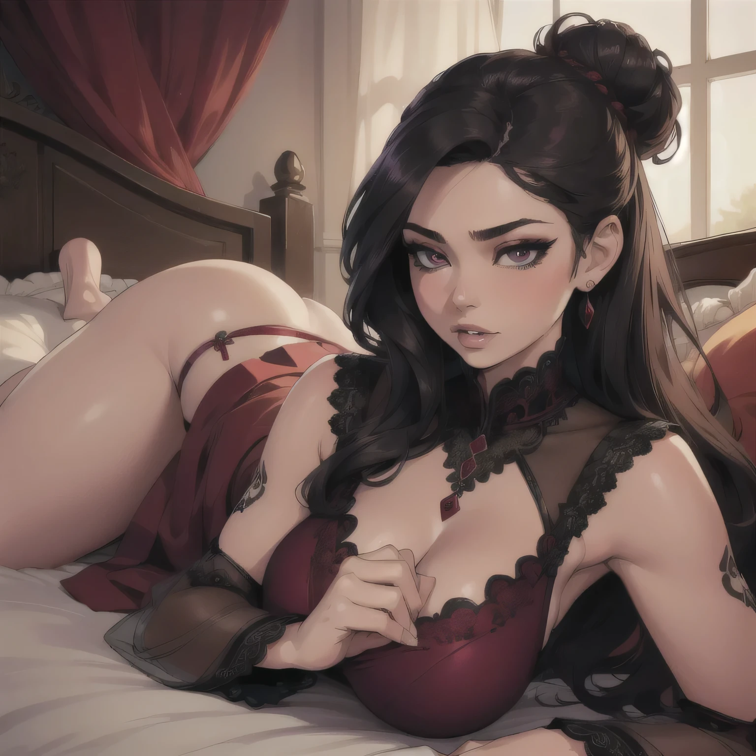 (best quality,ultra-detailed,realistic:1.37),portrait,y woman,beautiful face,detailed eyes,detailed lips,bun hairstyle,sheer see-through maroon kurta,black embroidery,seductive pose,lus expression,lying on bed