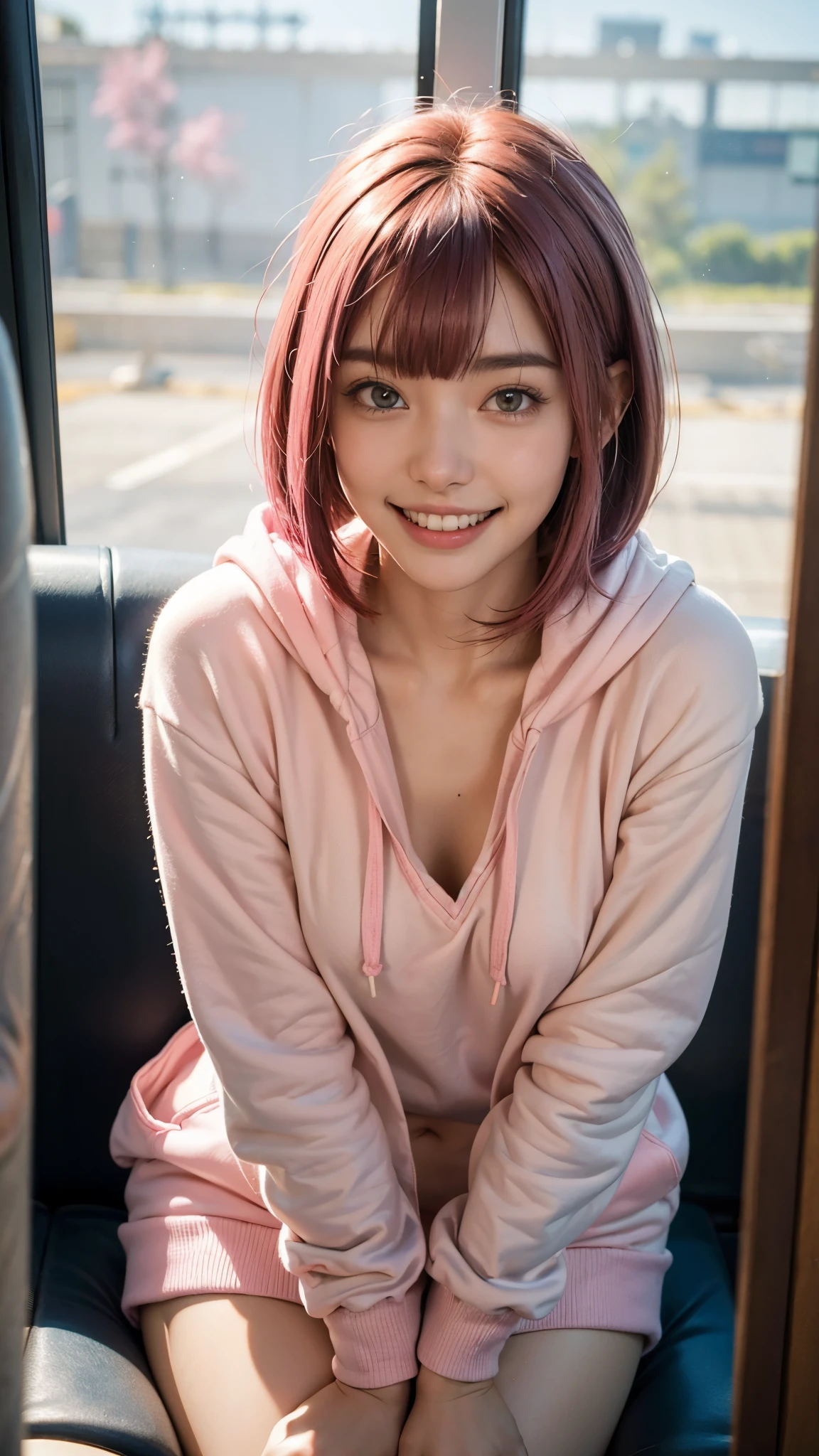 highest quality, masterpiece, Ultra-high resolution, (Realistic:1.4), (Close-up portrait) RAW Photos, 1 girl,23 years old,((I'm showing my teeth and smiling)),((Big smile)),((Inside the Shinkansen)),((look up)),((Random cute poses)),,((Passionate pink haired girl )),((White oversized hoodie)),Short Bob Hair、((Cap Chestnut)),((Short bangs)),Realistic,Image Media Chest)),