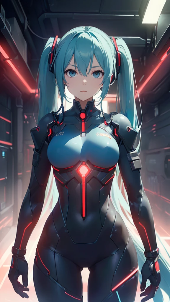 high quality、Best image quality、masterpiece、Hatsune Miku VOCALOID、、Android Girl((18-year-old、red, A glowing black and blue cyber suit、Blue energy source on chest,Best Bust、Big Breasts、Bust 90、Twin tails、Light blue eyes、Light blue hair、Open your chest wide、valley、happiness、Slender、Expressionless、Tight-fitting inner suits、Please stand in front、Countless cable connections throughout the body、Particles of light、Sharp clawed arms)）high quality、Beautiful art、background((Research Facilities、Neon color、Cyber World、red lighting))、Tabletop、Exquisite design、Visual Arts、Feature filmatrix、depth(The rampaging android army)
