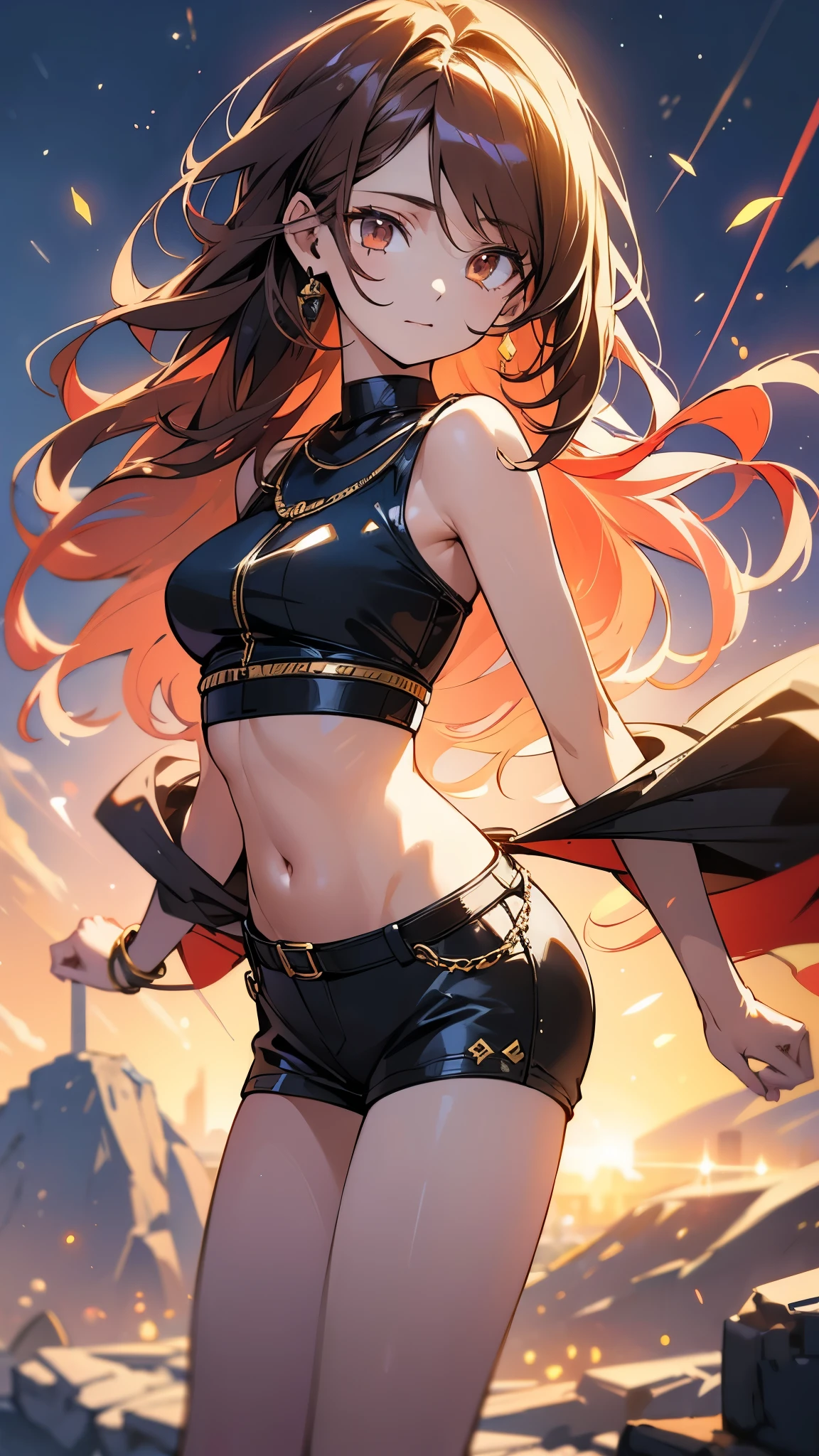(highest quality, 4k, High resolution, masterpiece:1.2), Super detailed, (anime style, photorealistic:1.37), cinematic light, Bright colors and mesmerizing effects, Soft and delicate lighting, gentle shine, Beautiful and gentle atmosphere throughout the scene, (1girl:1.5), joven, (Cara finamente detallada:1.4, Ropa detallada), (Detallado:1.4) named (Eimi Fukada:1.1) BREAK Cara hermosa, Profundidad de campo, Agregar capa, 27 years old, Modelo de cuerpo perfecto, senos perfectos, 175cm de altura, pose sexy, full body, cuerpo completo, Tipo de cuerpo del modelo, BREAK (tight crop top:1.5), (tight mini short:1.5), (Cabello largo:1.2), (brunette:1.1), dark brown hair, doble parpado, (reddish brown eyes:1.5) BREAK graffiti wall