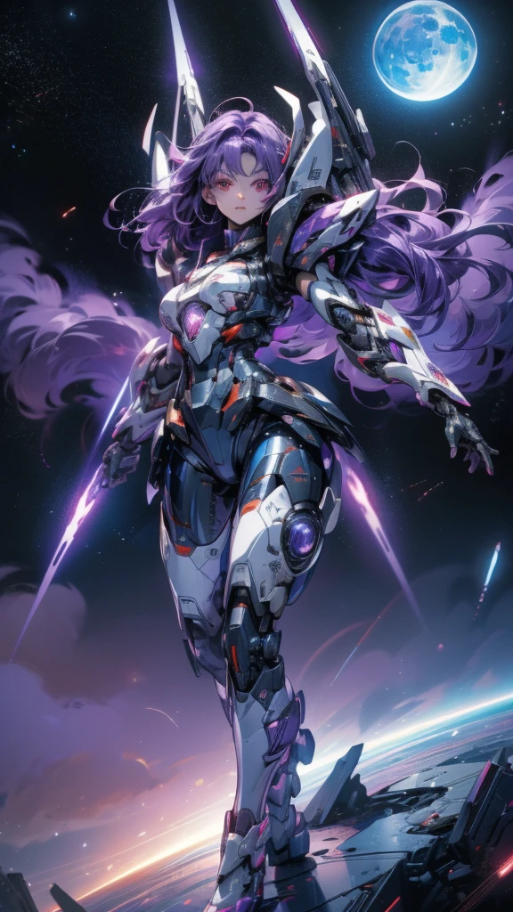 masterpiece, best quality, anime girl in tight hightech cyberpunk space suit, few armor parts in shoulder, arms, legs, no helmet, medium purple hair, red eyes, full body, view from above, space full of stars, planet, moon, and other space effects background, light aura, some fog, light effects.