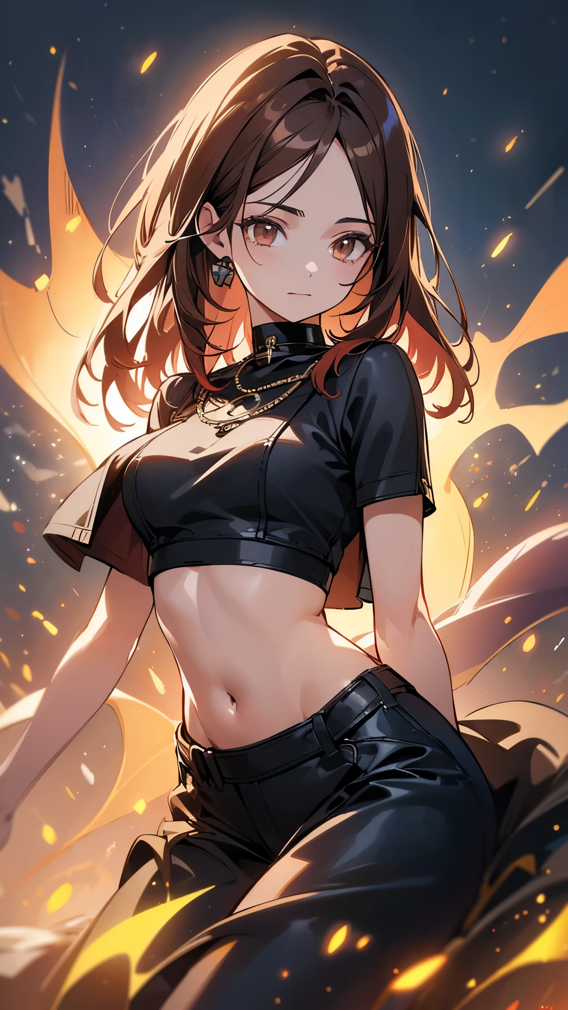 (highest quality, 4k, High resolution, masterpiece:1.2), Super detailed, (anime style, photorealistic:1.37), cinematic light, Bright colors and mesmerizing effects, Soft and delicate lighting, gentle shine, Beautiful and gentle atmosphere throughout the scene, (1girl:1.5), joven, (Cara finamente detallada:1.4, Ropa detallada), (Detallado:1.4) named (Eimi Fukada:1.1) BREAK Cara hermosa, Profundidad de campo, Agregar capa, 27 years old, Modelo de cuerpo perfecto, senos perfectos, 175cm de altura, pose sexy, full body, cuerpo completo, Tipo de cuerpo del modelo, BREAK (tight crop top:1.5), (tight mini short:1.5), (Cabello largo:1.2), (brunette:1.1), dark brown hair, doble parpado, (reddish brown eyes:1.5) BREAK graffiti wall