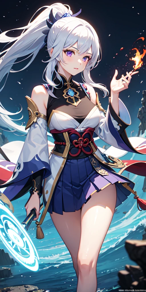 1 Girl, Japanese clothes, Ponytail ,white hair, Purple Eyes, Magic Circle, Blue flame, blue flame, wallpaper, landscape, Blood, Blood splatter, Depth of Field, night, Light Particles, light, Side Light, thigh, destiny \(series\), Genshin Impact, ****, open jacket, skirt, High Leg Raise, Detailed texture of clouds, Highest quality ultra-high resolution, actual, Detailed hair, Very detailed, fine details, Super detailed, Long hair