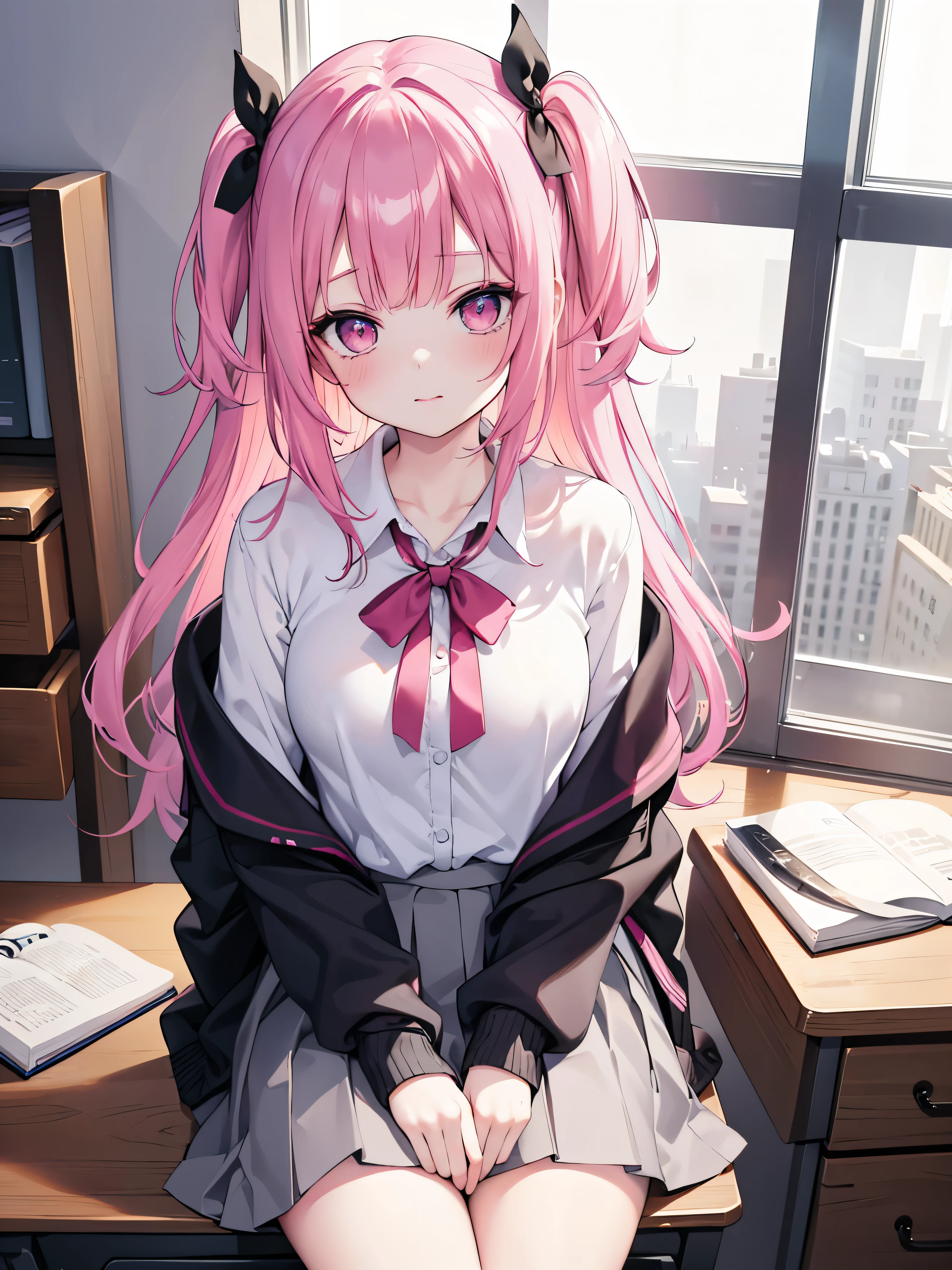masutepiece, Highest Quality, (Perfect face:1.1), (high detailing:1.1), (ultradetailed eyes), Dramatic, superfine illustration, Extremely detailed,1girl in, (pale skin), Happy, Laugh, Enjoy, Cheerful,gloweyes, two side up,PINK hair,Ethereal eyes, pink eye,blush, Solo,Pouty lips,Cinematic lighting,Looking at Viewer,Cowboy Shot,Long sleeve,, cardigan,shirt,ribbon,gray skirt,school tights in the morning, Sunny,indoor,school, sit on a chair