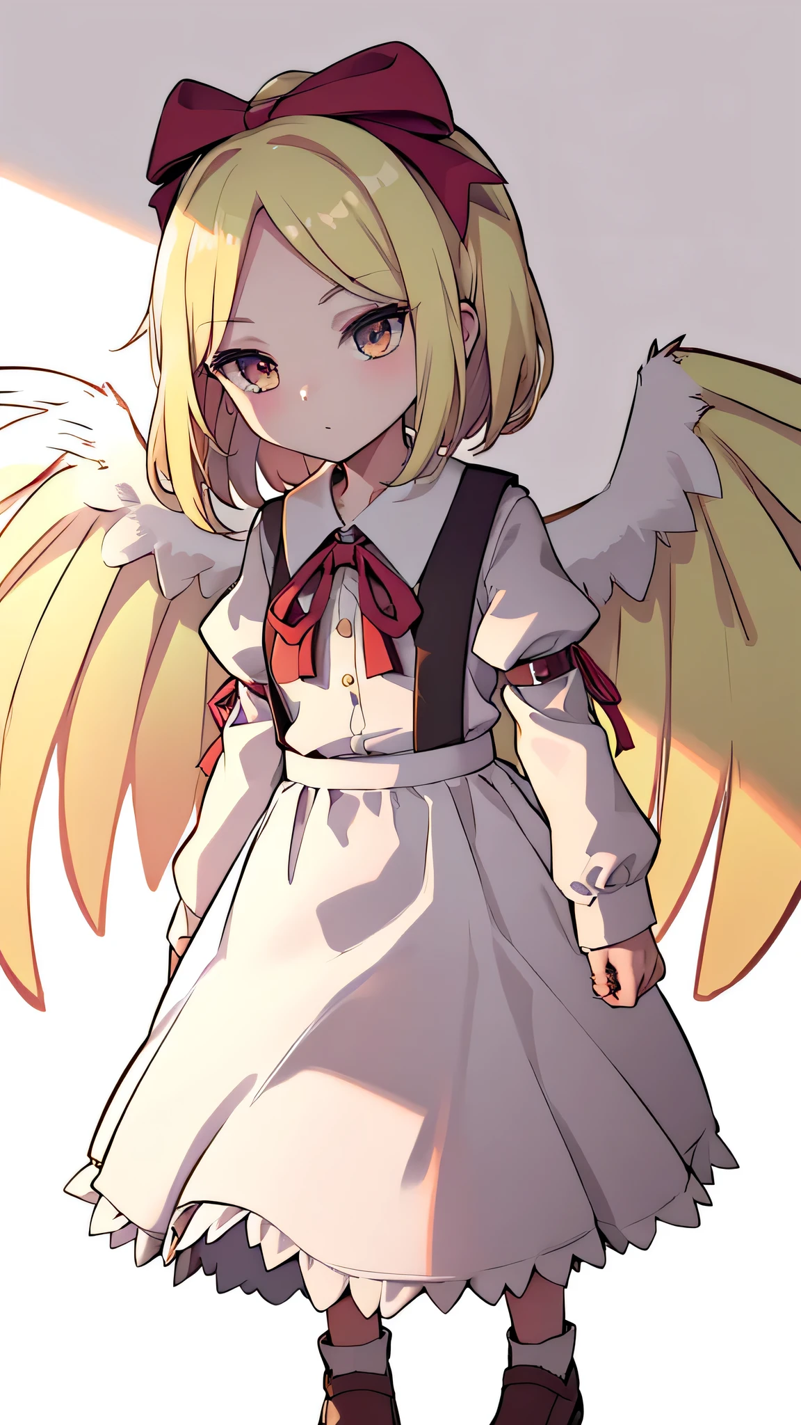 masterpiece, best quality, 1girl, , , 10 years old, medium blonde hair, forehead visible bangs, hair flaps, ribbon on head, well-formed face, blonde eyes, angel girl, standing collar, white blouse, long sleeves, red ribbon, angel wings, red thick suspenders, long white skirt, long maxi-skirt, very long skirt, wide shot, full body shot